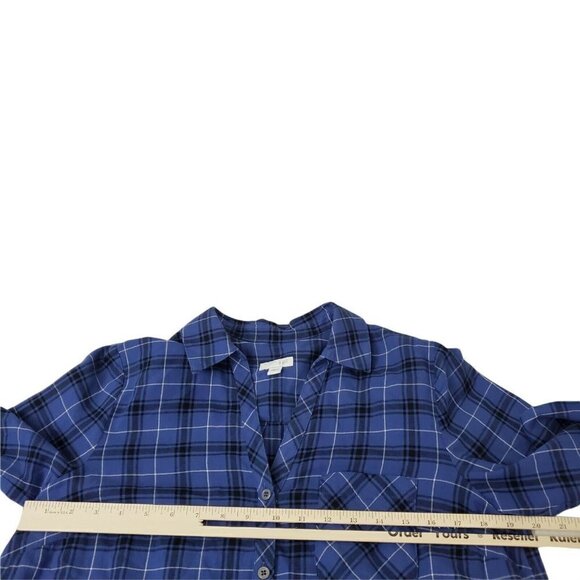 J. Jill Tunic Top Small Plaid Blue‎ Curved Hem Shirt Button Up Collared Casual - Picture 9 of 11
